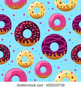 Seamless pattern design with donuts. Can be used as background, on packaging paper or textile. Hand drawn vector graphics illustration. Editable vector shapes.