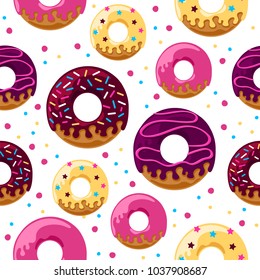 Seamless pattern design with donuts. Can be used as background, on packaging paper or textile. Hand drawn vector graphics illustration. Editable vector shapes.