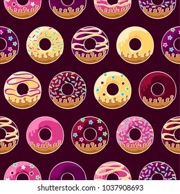 Seamless pattern design with donuts. Can be used as background, on packaging paper or textile. Hand drawn vector graphics illustration. Editable vector shapes.