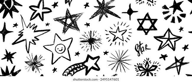 Nahtloses Muster-Design mit Doodle-Sternen und Kometen. Hand gezeichnete Holzkohle Doodle magische Sterne. Childish-Stil von Meteoroid, Komet und Asteroid. 
