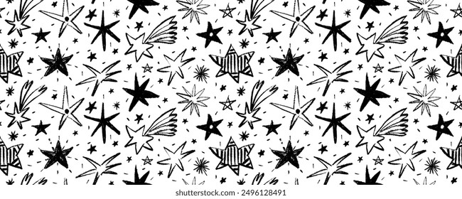 Seamless pattern design with doodle stars and comets. Hand drawn charcoal doodle magic stars. Childish style of meteoroid, comet and asteroid. 
