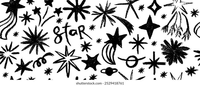 Design de padrão contínuo com estrelas e cometas. Estrelas mágicas desenhadas à mão de carvão. Estilo infantil de meteoroide, cometa e asteroide. 