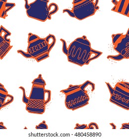 Seamless pattern design doodle vintage and shabby tea or coffee pots in different shapes and sizes, nostalgic and cute repeat background for web and print purposes