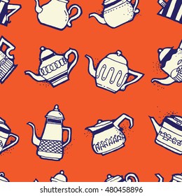 Seamless pattern design doodle vintage and shabby tea or coffee pots in different shapes and sizes, nostalgic and cute repeat background for web and print purposes