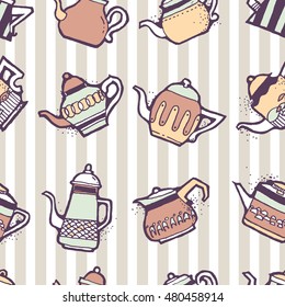 Seamless pattern design doodle vintage and shabby tea or coffee pots in different shapes and sizes, nostalgic and cute repeat background for web and print purposes