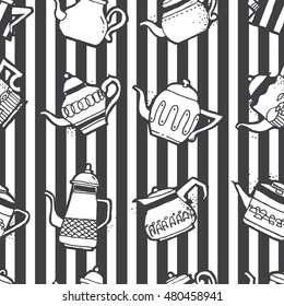 Seamless pattern design doodle vintage and shabby tea or coffee pots in different shapes and sizes, nostalgic and cute repeat background for web and print purposes