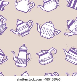 Seamless pattern design doodle vintage and shabby tea or coffee pots in different shapes and sizes, nostalgic and cute repeat background for web and print purposes