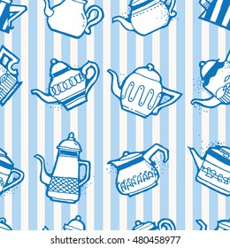 Seamless pattern design doodle vintage and shabby tea or coffee pots in different shapes and sizes, nostalgic and cute repeat background for web and print purposes