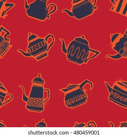 Seamless pattern design doodle vintage and shabby tea or coffee pots in different shapes and sizes, nostalgic and cute repeat background for web and print purposes