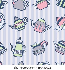 Seamless pattern design doodle vintage and shabby tea or coffee pots in different shapes and sizes, nostalgic and cute repeat background for web and print purposes