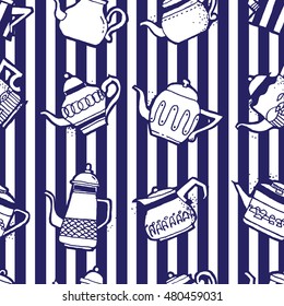 Seamless pattern design doodle vintage and shabby tea or coffee pots in different shapes and sizes, nostalgic and cute repeat background for web and print purposes