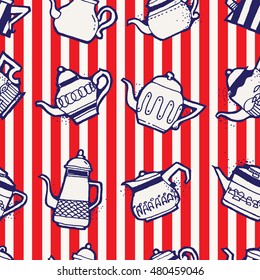 Seamless pattern design doodle vintage and shabby tea or coffee pots in different shapes and sizes, nostalgic and cute repeat background for web and print purposes