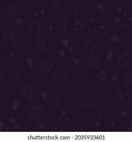 Seamless pattern with design elements on a dark background. Cobweb, spider, diamond, keyhole, curls, hearts. Mexican national holiday Day of the dead. Festive template for Dia de los muertos