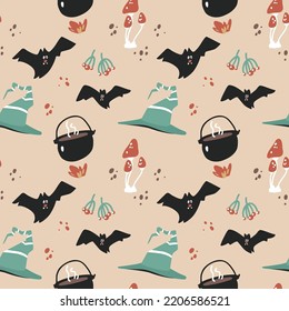 Seamless pattern with design elements on the theme of Halloween. Witch potion ingredients. Illustration for printing on packaging and textiles. Mystical animals and plants.