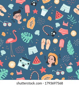 Seamless pattern with design elements related to summer and vacation