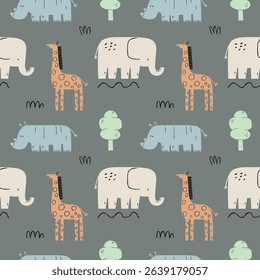 seamless pattern design with elephant, giraffe and rhino drawing as vector