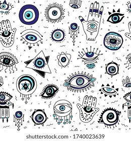 Seamless pattern design with Evil eye blue charms and Fatimas hand symbols, cartoon vector illustration on white background. Wallpaper repeatable texture with amulets.