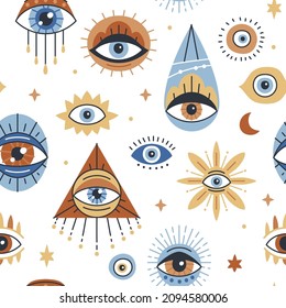 Seamless pattern design with Evil Eye, Hamsa. Background with evil, turkish, esoteric eye different shapes. Hand drawn various talismans. Wallpaper repeatable texture with amulets.