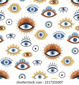 Seamless pattern design with Evil Eye. Background with evil, turkish, esoteric eye different shapes. Hand drawn various talismans. Flat design. Contemporary modern trendy vector illustration.