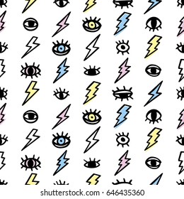 Seamless pattern design with eyes and thunderbolts
