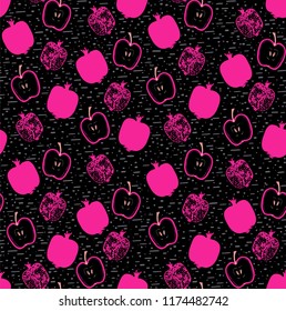 Seamless pattern of design fabric pajamas.Black background with apples and garnets.Hand drawn vector illustration.Textile design for children clothes.Template wallpaper for children room.