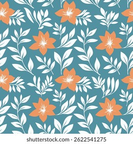 Het naadloze patroonontwerp is voorzien van oranje bloemen en witte bladeren op een echte achtergrond, waardoor een elegante en stijlvolle botanische print ontstaat	