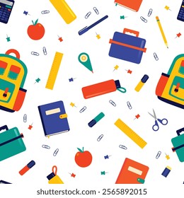 A seamless pattern design featuring back to school elements like books, backpacks, stationery, rulers, and lunch box. Perfect for packaging, fabric, wallpaper, or school-themed designs.