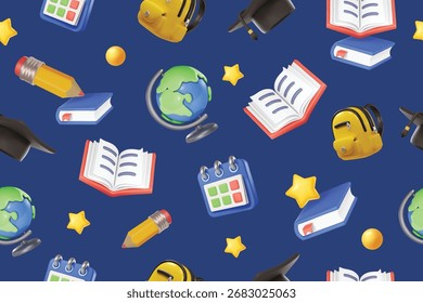 A seamless pattern design featuring back to school elements like books, backpacks, globe earth, graduation cap. Learning, education wallpaper