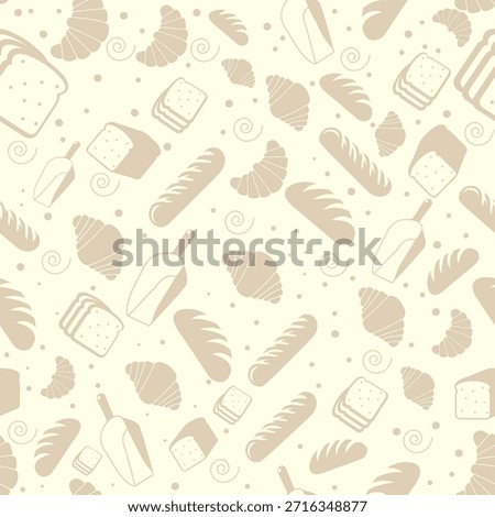 Seamless pattern design featuring baked goods, including croissants, baguettes, sliced bread, and scoops, perfect for bakery wallpaper, wrapping paper, menus, and branding backgrounds.