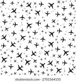 Seamless pattern design featuring black airplane silhouettes on white background. EPS 10