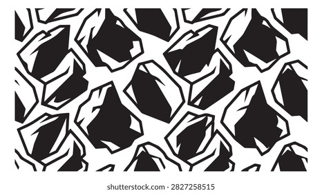 Seamless pattern design featuring black jagged stone shapes on white background for creative surface decoration and graphic assets