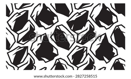 Seamless pattern design featuring black jagged stone shapes on white background for creative surface decoration and graphic assets