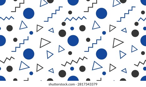 Seamless pattern design featuring blue and grey circles triangles and zigzag lines for modern wallpaper or fashion.