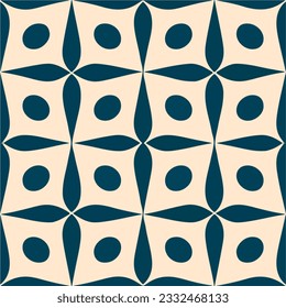 Seamless pattern design featuring circles in blue and white, exhibiting symmetry and creating a harmonious repetitive pattern.