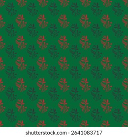 Seamless pattern design featuring delightfully intricate floral motifs in red and green, creating a sophisticated and harmonious decorative look. Ideal for festive, vintage, or ornamental applications