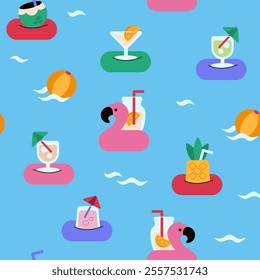Seamless pattern design featuring drinks on floaties in a pool or at the beach. A vibrant, summer-themed layout.