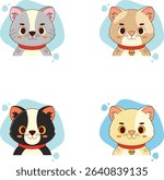 Seamless pattern design featuring four cartoon cat faces in various colors.  The cats are presented in a profile view, and each has a red collar with a bell.  