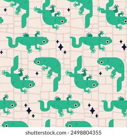 Seamless pattern design featuring green lizards and stars on a light background, complemented by an abstract reptile scale motif. Vector illustration.