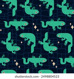 Seamless pattern design featuring green lizards and stars on a dark background, complemented by an abstract reptile scale motif. Vector illustration.