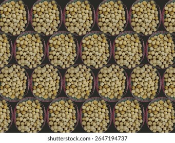 A seamless pattern design featuring longan fruits (Dimocarpus longan) arranged in traditional woven baskets, captured from a top-down view. The image highlights tropical fruit textures and colors