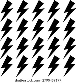 Seamless pattern design featuring multiple black lightning bolt silhouettes arranged in grid layout perfect for energetic backgrounds stickers or abstract digital surface textures.