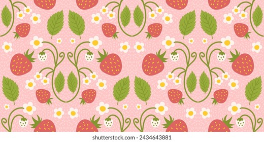 Seamless pattern design featuring strawberries, adorable berries, flowers, green leaves. Recurring surface design suitable for kitchen apparel, textiles, wrapping paper, and various applications.