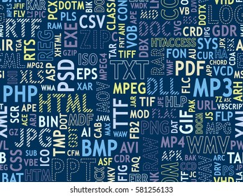Seamless pattern design. File type names collage. Bright blue, yellow, mint colors on dark background. Different font types, strips, dotted lines, stroke. Vector illustration.