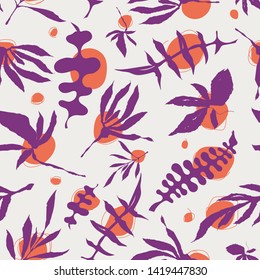 Seamless pattern design with floral decorations, repeating vector background with foliage motifs, suitable for web and print.