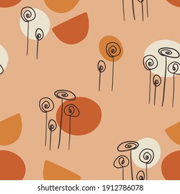 Seamless pattern design with floral elements and abstract shapes. Boho style. Vector illustration.