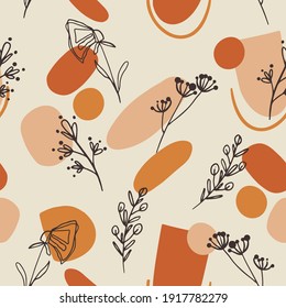 Seamless pattern design with floral elements and abstract shapes. Boho style. Vector illustration.