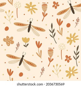 Seamless pattern design with floral elements and dragonflies. Vector illustration. 