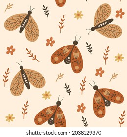 Seamless pattern design with floral elements and butterflies. Vector illustration. 