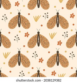 Seamless pattern design with floral elements and butterflies. Vector illustration. 