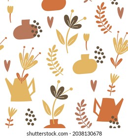 Seamless pattern design with floral elements and vases. Vector illustration. 